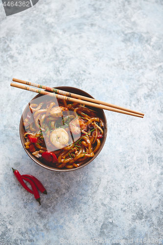 Image of Traditional asian udon stir-fry noodles with shrimp