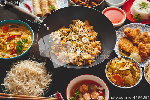 Image of Asian oriental food composition in colorful dishware