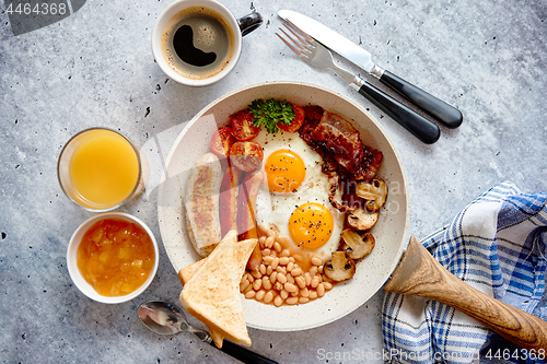 Image of Traditional Full English Breakfast on frying pan.