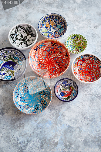 Image of Collection of empty moroccan colorful decorative ceramic bowls