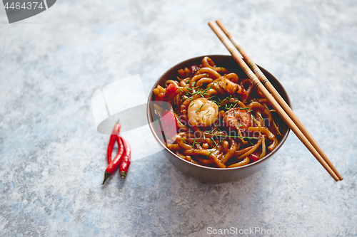 Image of Traditional asian udon stir-fry noodles with shrimp