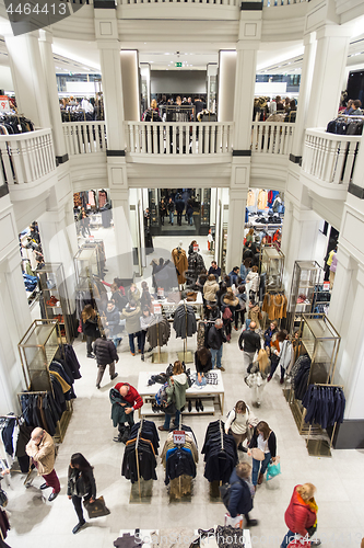 Image of Interior of Zara store on Gran Via shopping street in Madrid, Spain..