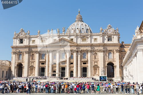 Image of Pope Francis holds a General Audience on st. Peter\'s square filled with many pilgrims in Rome, Italy