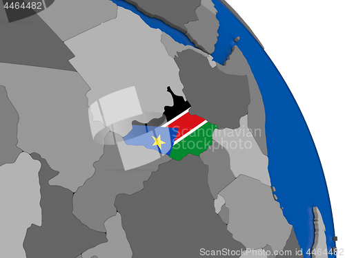 Image of South Sudan and its flag on globe