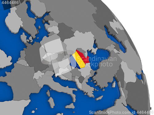 Image of Romania and its flag on globe
