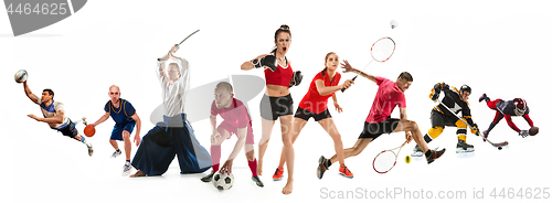 Image of Sport collage about kickboxing, soccer, american football, basketball, ice hockey, badminton, aikido, tennis, rugby