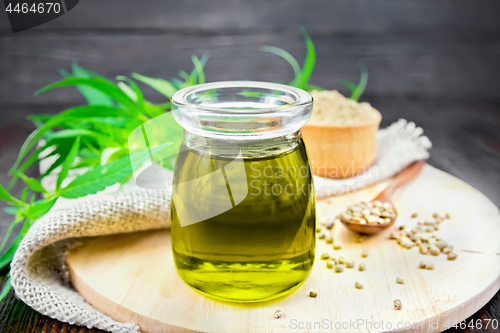 Image of Oil hemp in jar with burlap on board