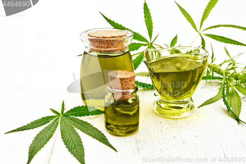 Image of Oil hemp in gravy boat and two jars on light board
