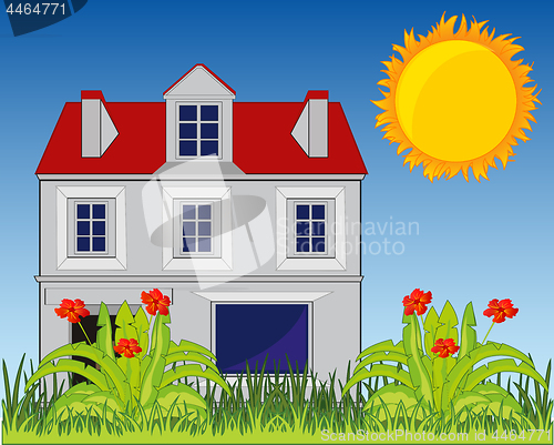 Image of Vector illustration of the building on nature and sun