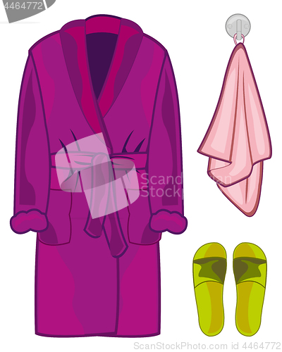 Image of Home cloth robe ,towel and slippers.Vector illustration