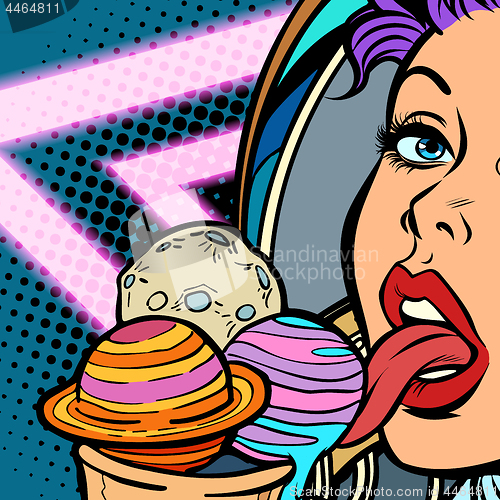 Image of Planets are like ice cream. Woman astronaut licks sweets. Girls 