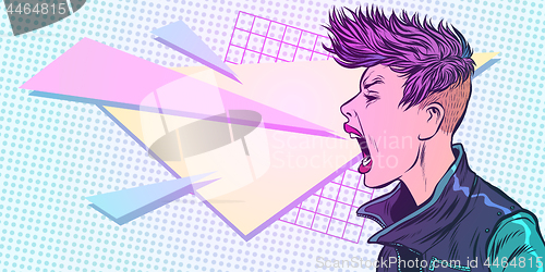 Image of cyber girl screams. emotion 80s woman