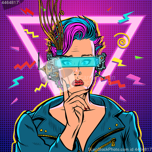 Image of thinker vr glasses woman gamer virtual reality online. 80s girl