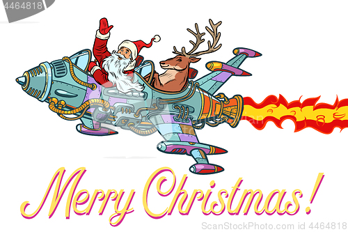Image of Merry Christmas. Retro Santa Claus with a deer flying on a rocke