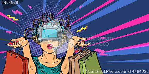 Image of woman shopping on sale. virtual reality VR glasses
