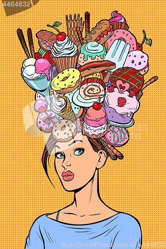 Image of Hungry woman thoughts concept. Sweets baking birthday