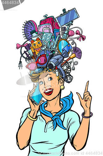 Image of stewardess woman dreams about gadgets