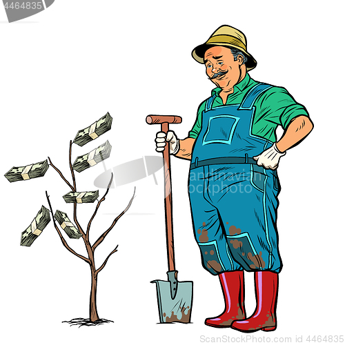 Image of old gardener grows dollars on a tree