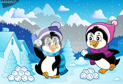 Image of Penguins playing with snow image 2