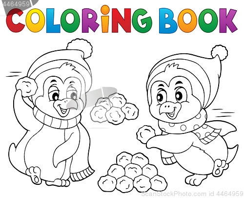 Image of Coloring book penguins playing with snow