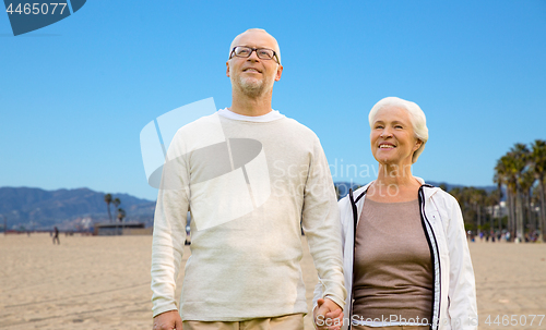 Image of happy senior couple over venice beach background