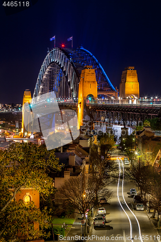 Image of Views down the road towards Sydney Harbour Bridge at night