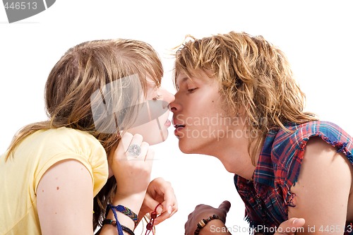 Image of Portrait of kissing young beauty couple 2