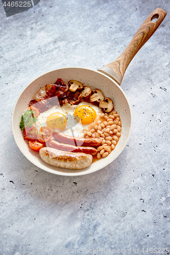 Image of Traditional Full English Breakfast on frying pan.