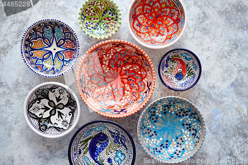 Image of Collection of empty moroccan colorful decorative ceramic bowls