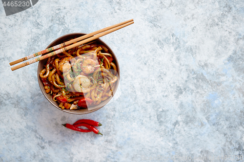 Image of Traditional asian udon stir-fry noodles with shrimp