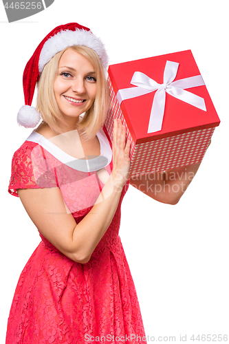 Image of Woman in santa hat with box