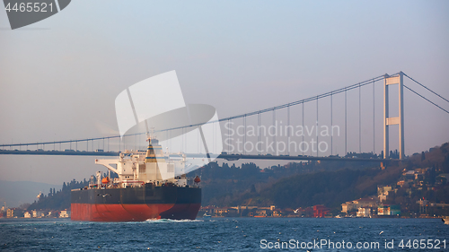 Image of A cargo ship in the Bosphorus, Istanbul, Turkey.