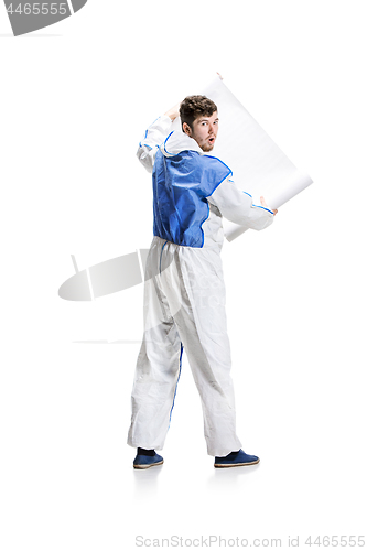 Image of Young male decorator painting with a poster climbed a ladder isolated on white background.