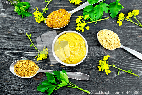 Image of Mustard different in bowl and spoons on board top