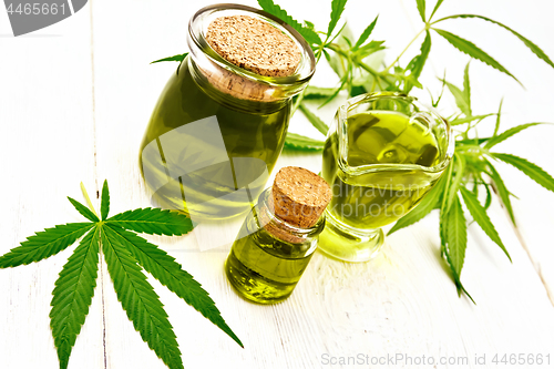 Image of Oil hemp in gravy boat and two jars on wooden board