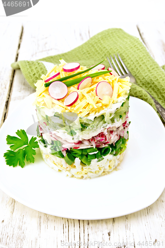 Image of Salad layered with radish and cucumber on light board