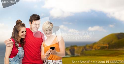 Image of friends with smartphone over white background