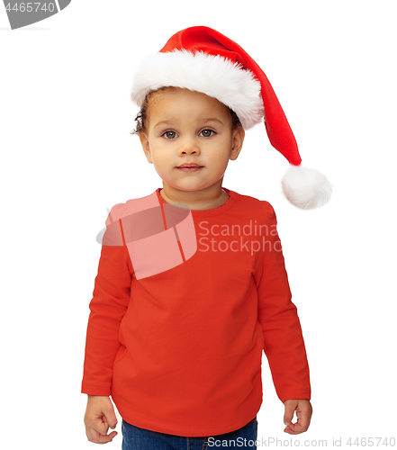 Image of baby girl in santa hat over white background