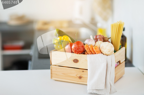 Image of close up of wooden box of fresh ripe vegetables