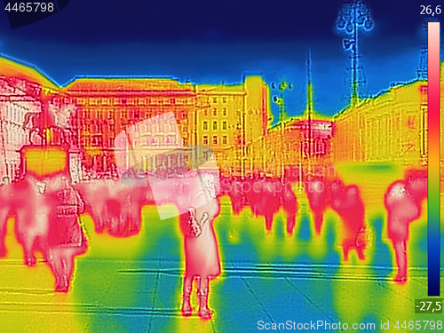 Image of Infrared Thermal image of people walking the city streets on a c