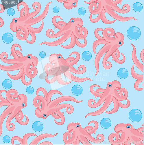 Image of Animal octopus and bubble air on turn blue background