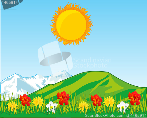 Image of Year glade with flower and mountains on back plan