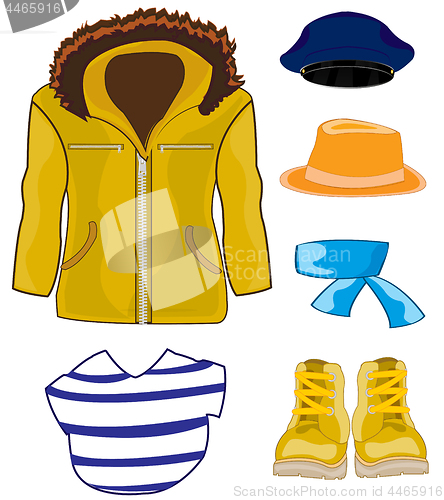 Image of Male cloth jacket and hat and footwear