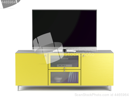 Image of Tv on yellow tv cabinet