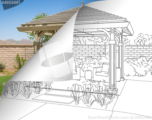 Image of Pergola Drawing with Page Flipping to Completed Photo Behind