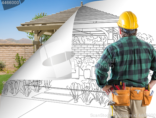 Image of Contractor Facing Pergola Drawing with Page Flipping to Complete