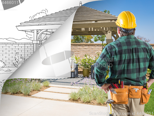 Image of Contractor Facing Pergola Photo with Page Flipping to Drawing Be