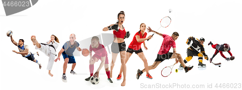 Image of Sport collage about kickboxing, soccer, american football, basketball, ice hockey, badminton, taekwondo, tennis, rugby