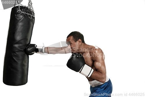 Image of Sporty man during boxing exercise making hit. Photo of boxer on white background