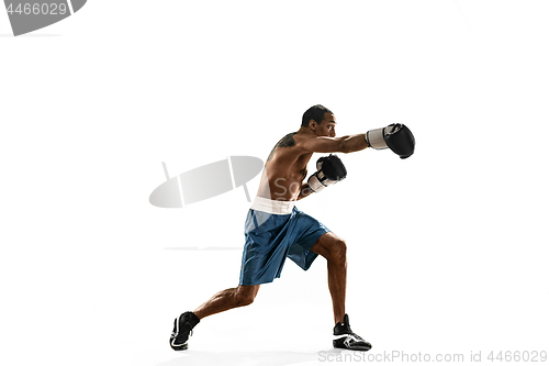 Image of Sporty man during boxing exercise making hit. Photo of boxer on white background